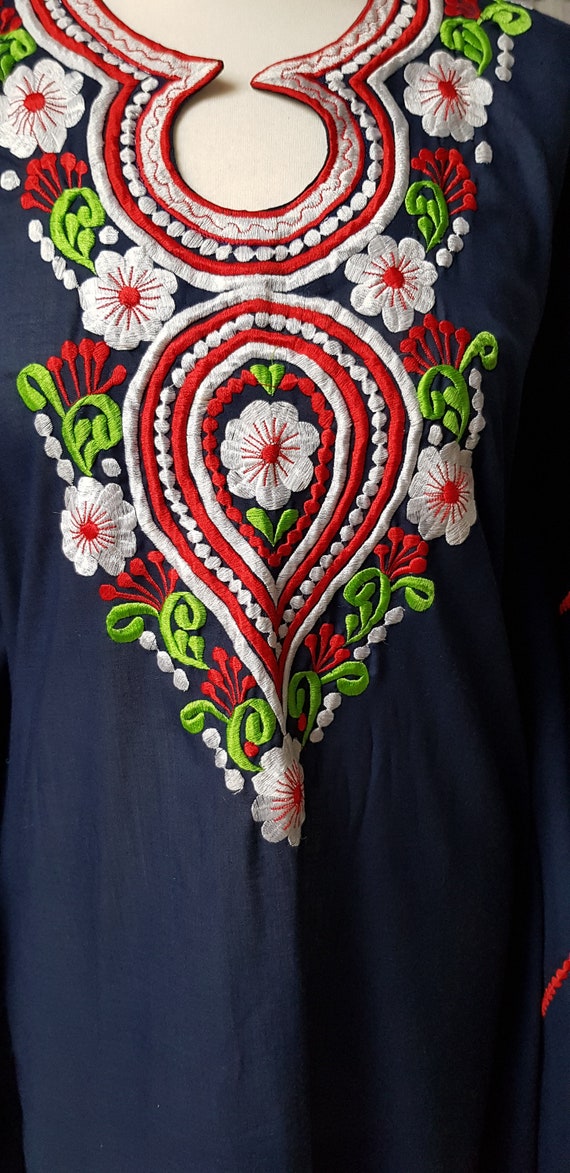 Crazy 1970s Dark Blue Embroidered Cotton Kaftan wi