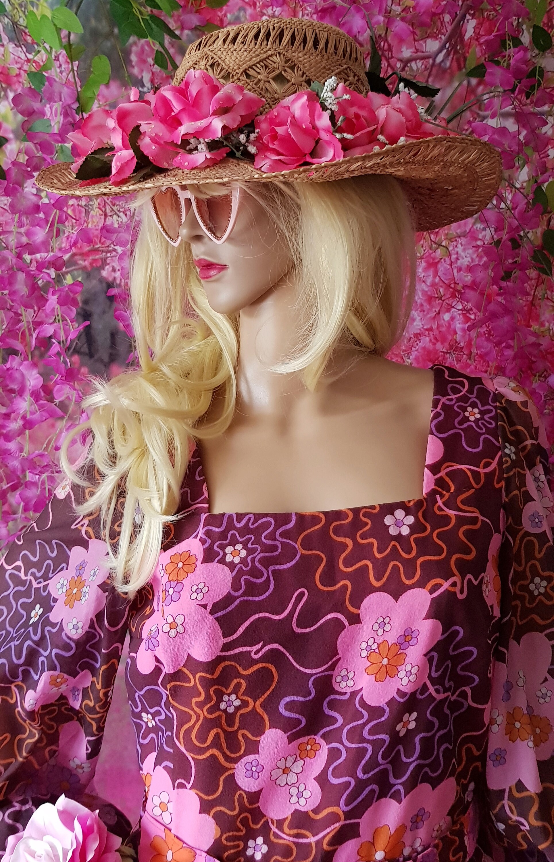 STUNNING 1960s\' DESIGNER  LAVENDER STRAW WIDE BRIM HAT WITH LARGE FABRIC FLOWERS Purple Wide Brim Hat for a Photo Shoot Woman Costume Hats  main image 2