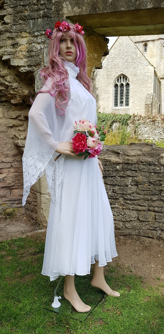 Stunning Vintage 1970s White Floaty Sheer Chiffon Goddess Maxi Dress Bohemian Wedding Dress Angel Sleeves Etsy UK