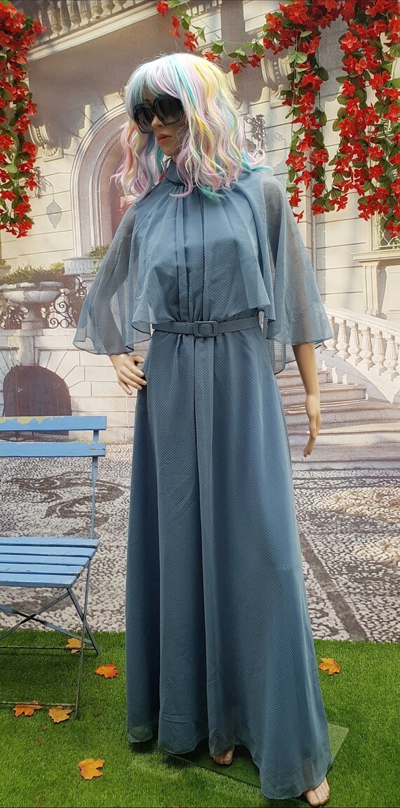 UK 8/10 (US 4/6) Lovely Vintage 1970s Air Force Blue Polka Dot Pattern Net High Neck Cape Sleeve Maxi Dress by Designer Alexander Clare