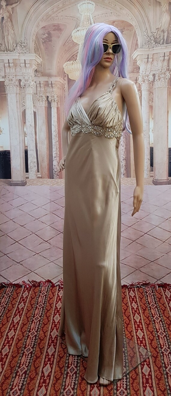UK 12 US 8 Sriking Vintage 2002 Taupe and Silver Hand Beaded Silk Satin Evening Dress by Star by Julien Macdonald Etsy