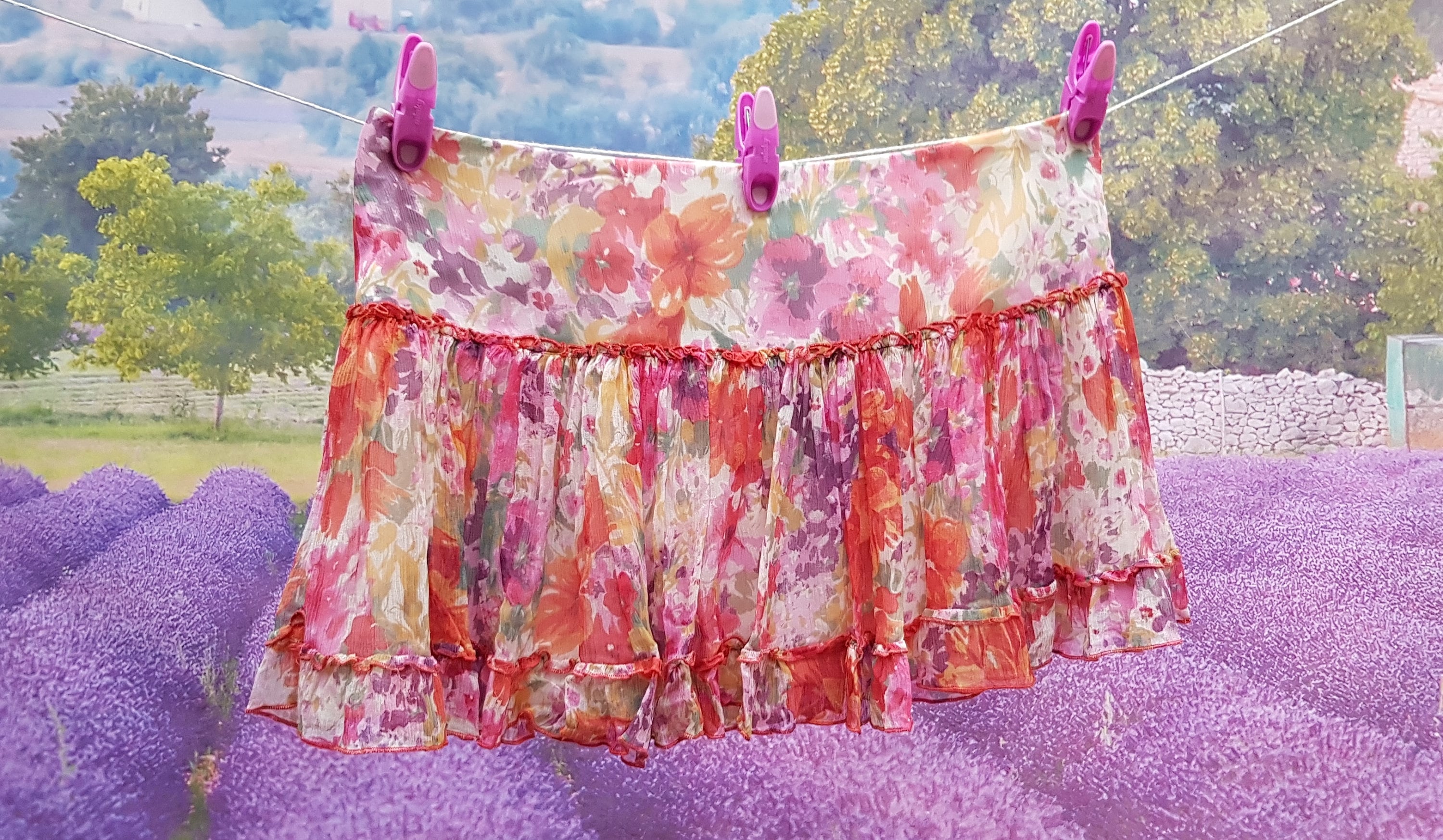 ヴィンテージスカート：かわいいヴィンテージシフォンピンク、レッド