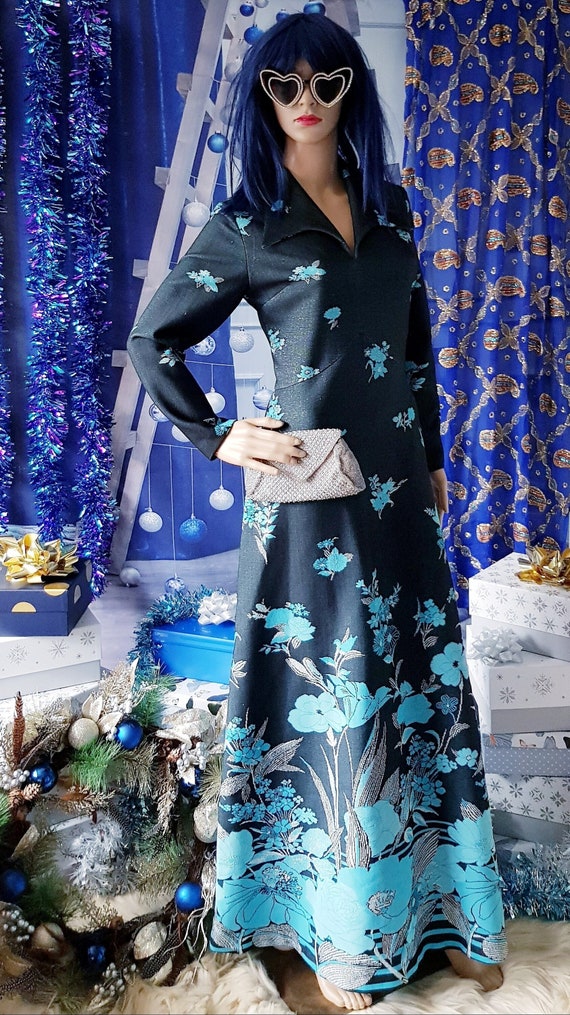 UK 10 (US 6) Fab Vintage 1970s Dark Teal & Turquoise Floral Lurex Occasion Evening Maxi Dress