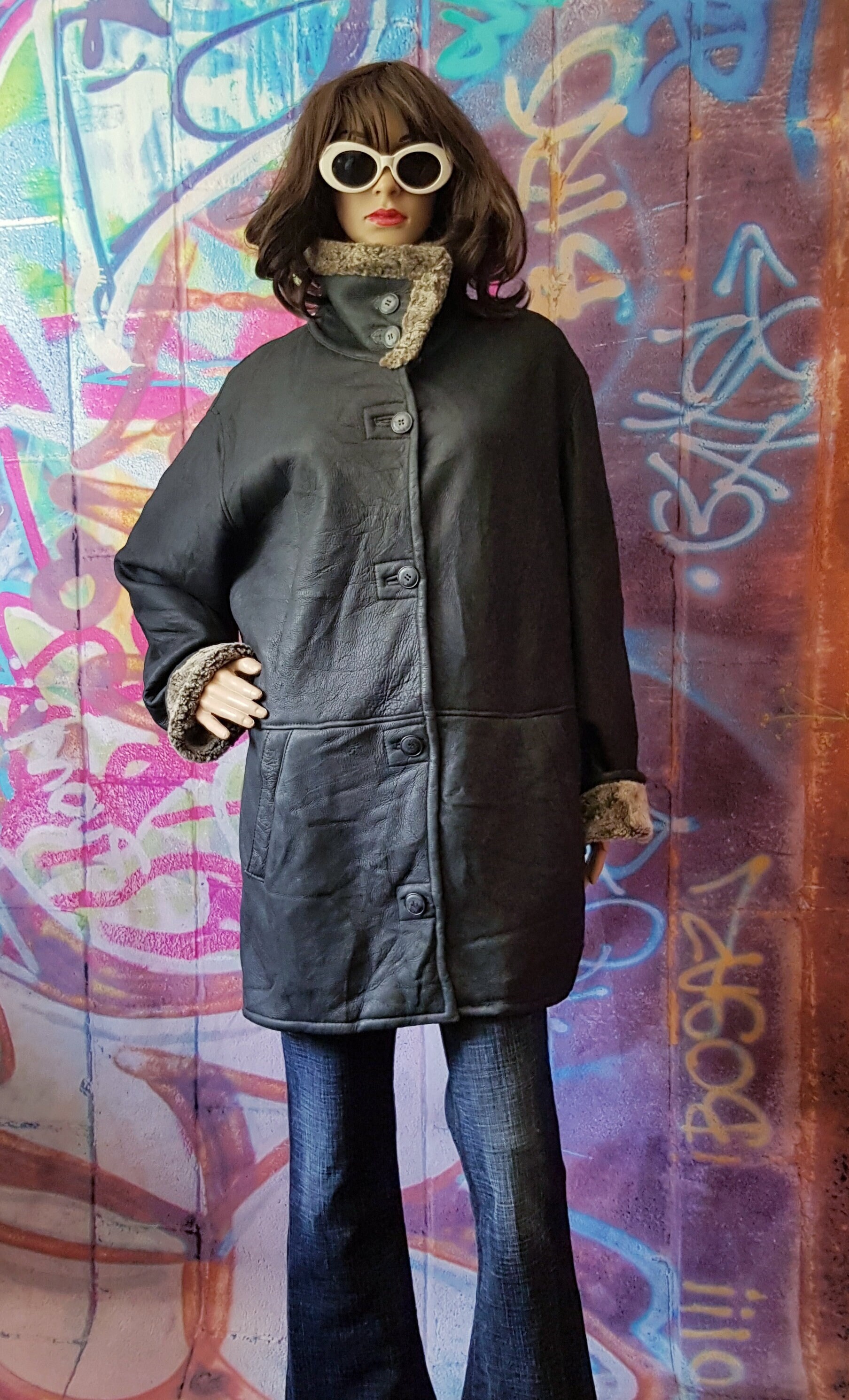 Lovely Vintage 1990s Black Leather Jacket With Beige