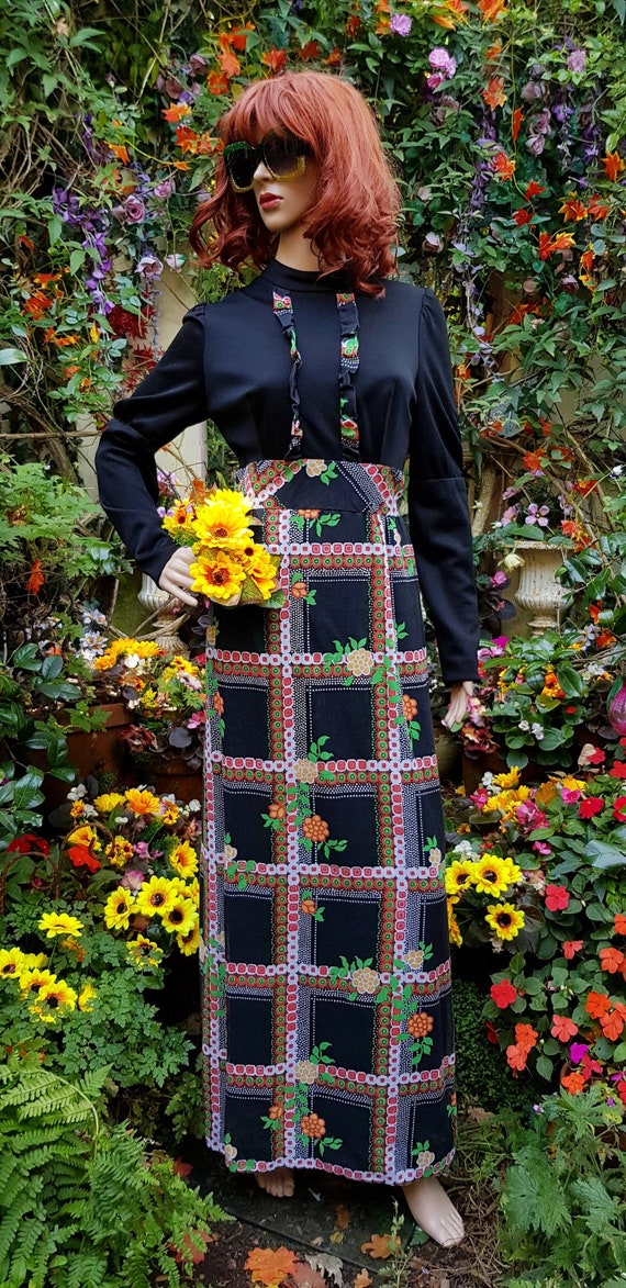 UK 10 (US 6) Funky Vintage.1970s Black and Orange Plaid and Floral High Necked Maxi Dress With Frilly Ruffles