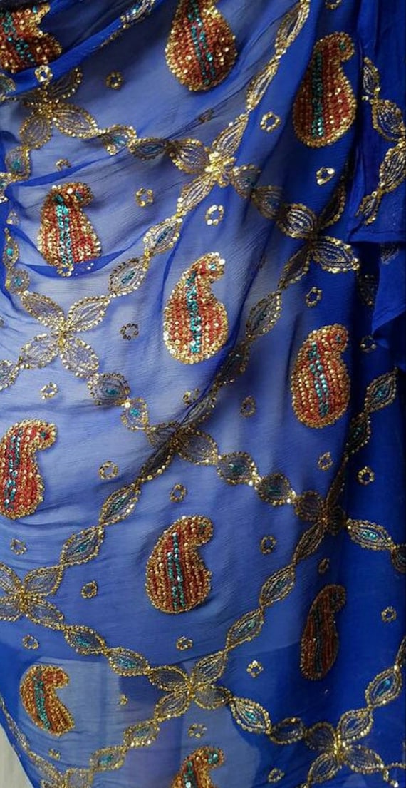 Vintage Shawl: Gorgeous Vintage Blue Silk Chiffon… - image 9