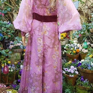 UK 8/10 US 4/6 Amazing Vintage 70's Quad Purple Iridescent Floral Organza and Velvet Maxi Dress with Balloon/Poet/Bishop Sleeves image 10