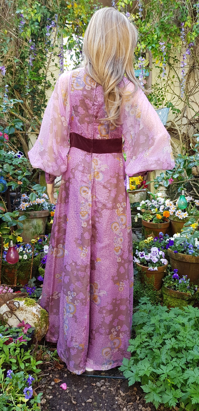 UK 8/10 US 4/6 Amazing Vintage 70's Quad Purple Iridescent Floral Organza and Velvet Maxi Dress with Balloon/Poet/Bishop Sleeves image 10