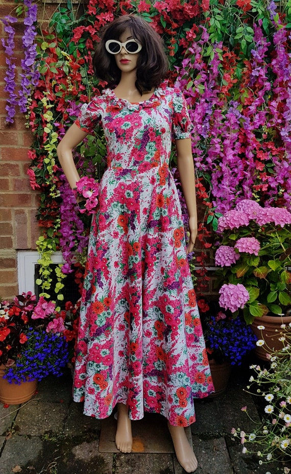 floor length white sdark pink floral dress Strapless Long Ruffled Prom Dress with Floral Print White/Hot Pink / 4