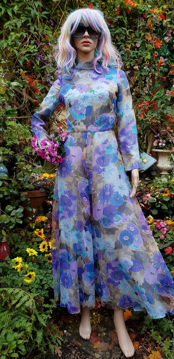 Buy UK 10 US 6 Lovely Vintage 1970s Floaty Blue and Purple Floral Chiffon High Neck Maxi Dress Online in India Etsy