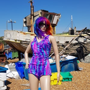 Vintage Swimsuit: Fabulous Vintage 1960’s 1970’s Psychedelic Blue, Pink and Purple Abstract Pattern Bathing Swimming Costume Swimsuit