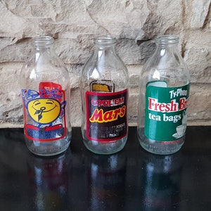 Vintage Kitchenalia: Groovy Vintage Set of 3 1970s/80s Advertising Milk Bottles