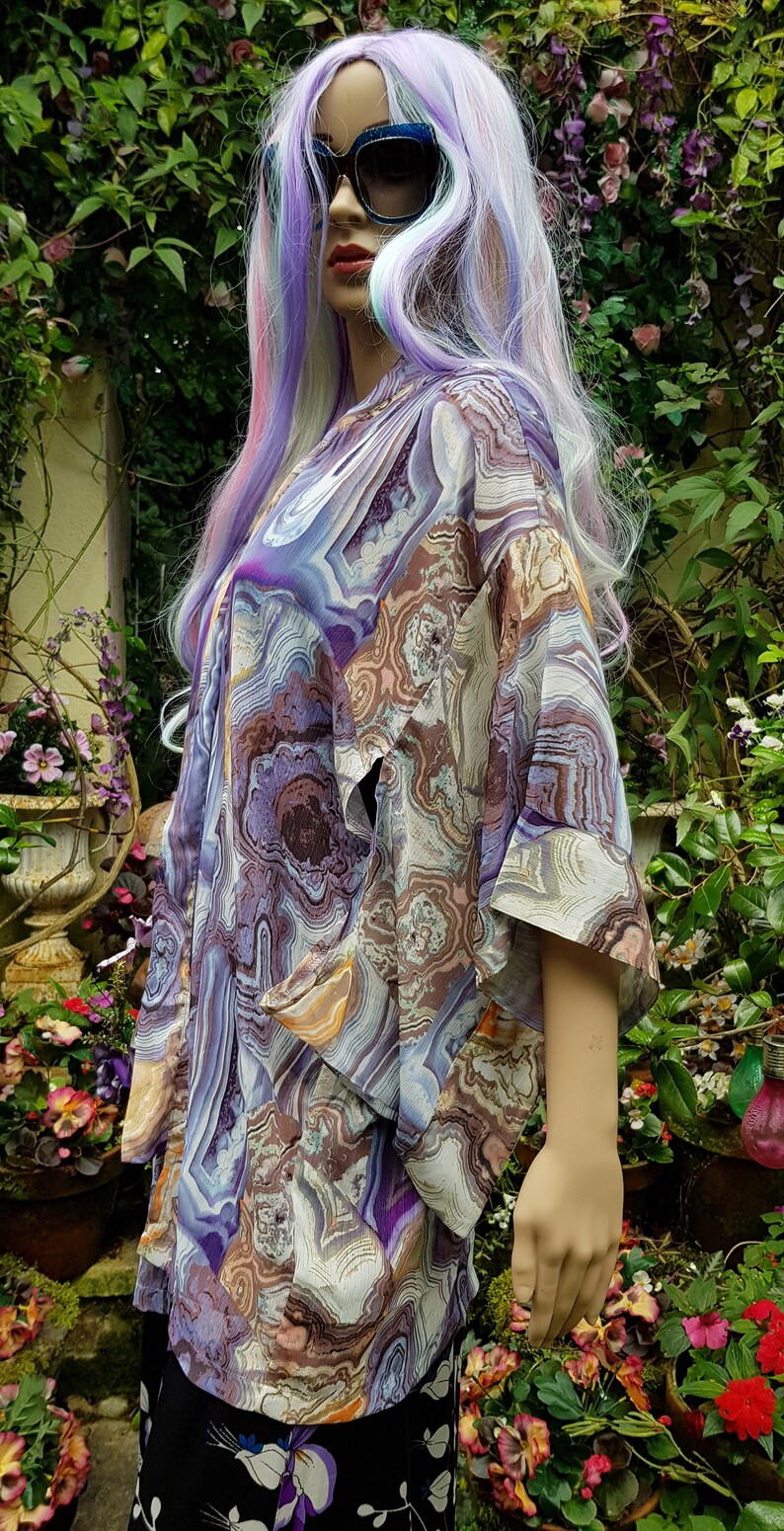 UK 10 US 6 Lovely Vintage Blue, Purple, Orange, Brown Sheer Chiffon Kimono Style Summer Jacket/Top image 7