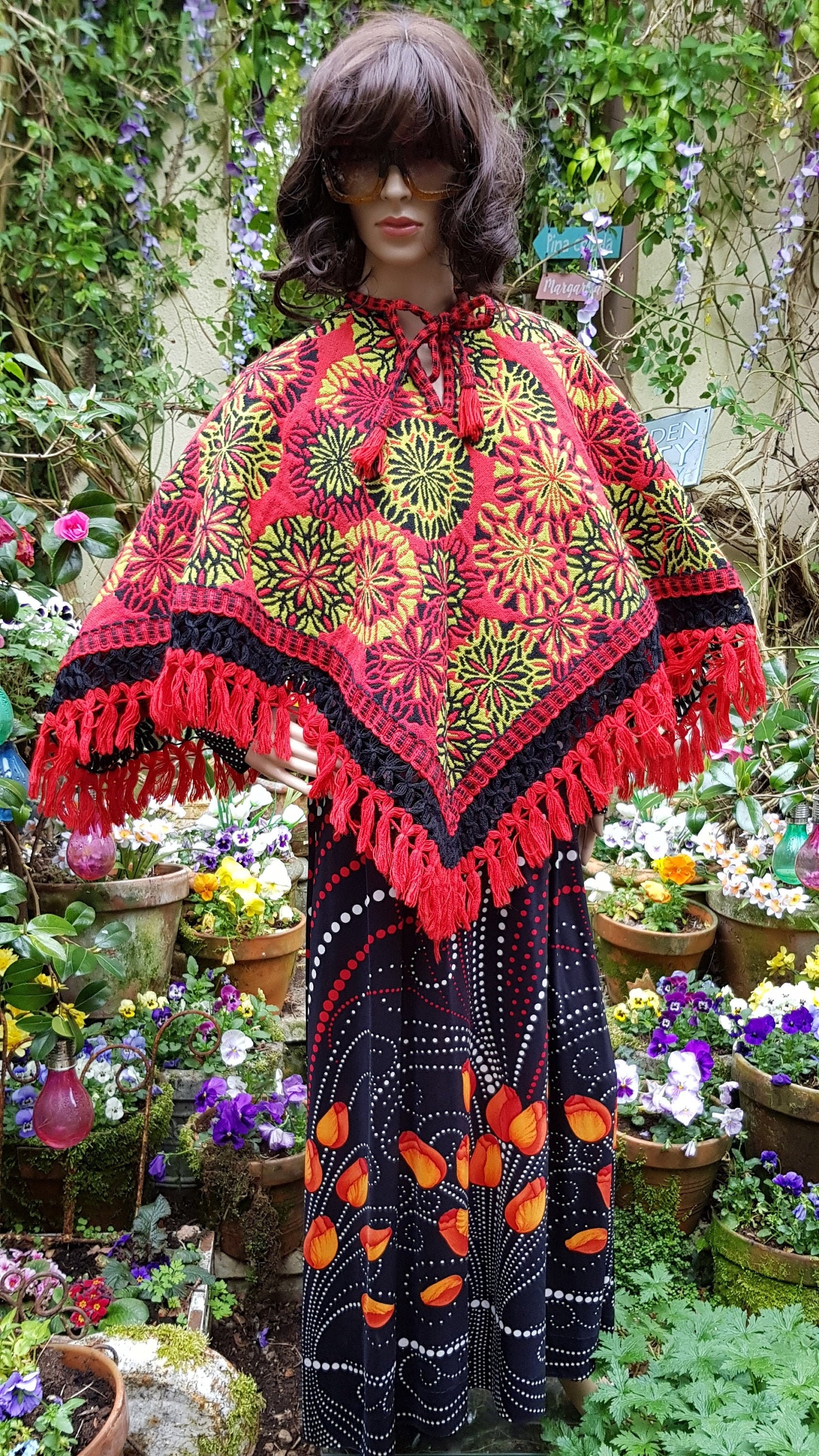 Vintage Poncho: Stunning Vintage 1960s Red, Lime Green and Black