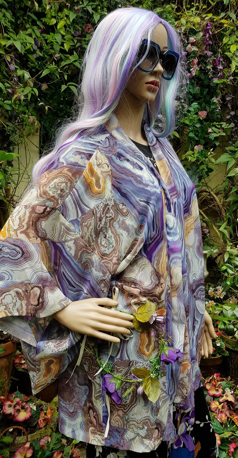 UK 10 US 6 Lovely Vintage Blue, Purple, Orange, Brown Sheer Chiffon Kimono Style Summer Jacket/Top image 3