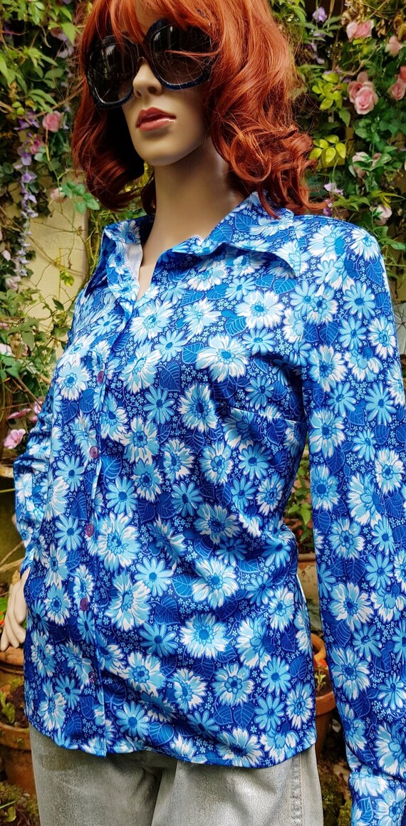 UK 12/14 (US 8/10) Funky Vintage 1970s Blue Flora… - image 4