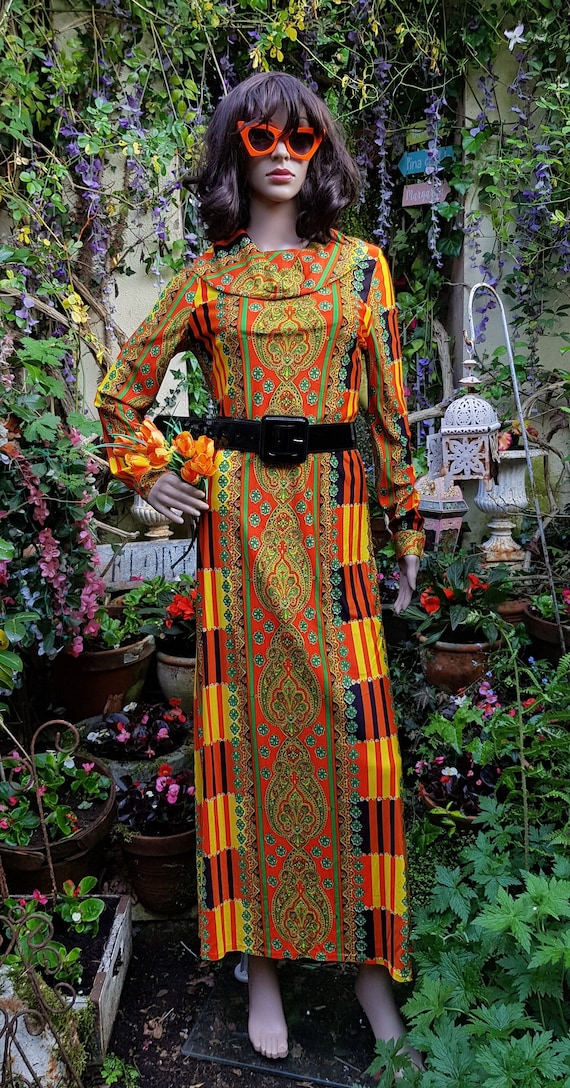 MijkrasBohemianBazar UK 8 10 US 4 6 Stunning Vintage 1960s 1970s Psychedelic Orange Yellow Red Green Abstract Paisley Cowl Neck Maxi Dress by Winchester