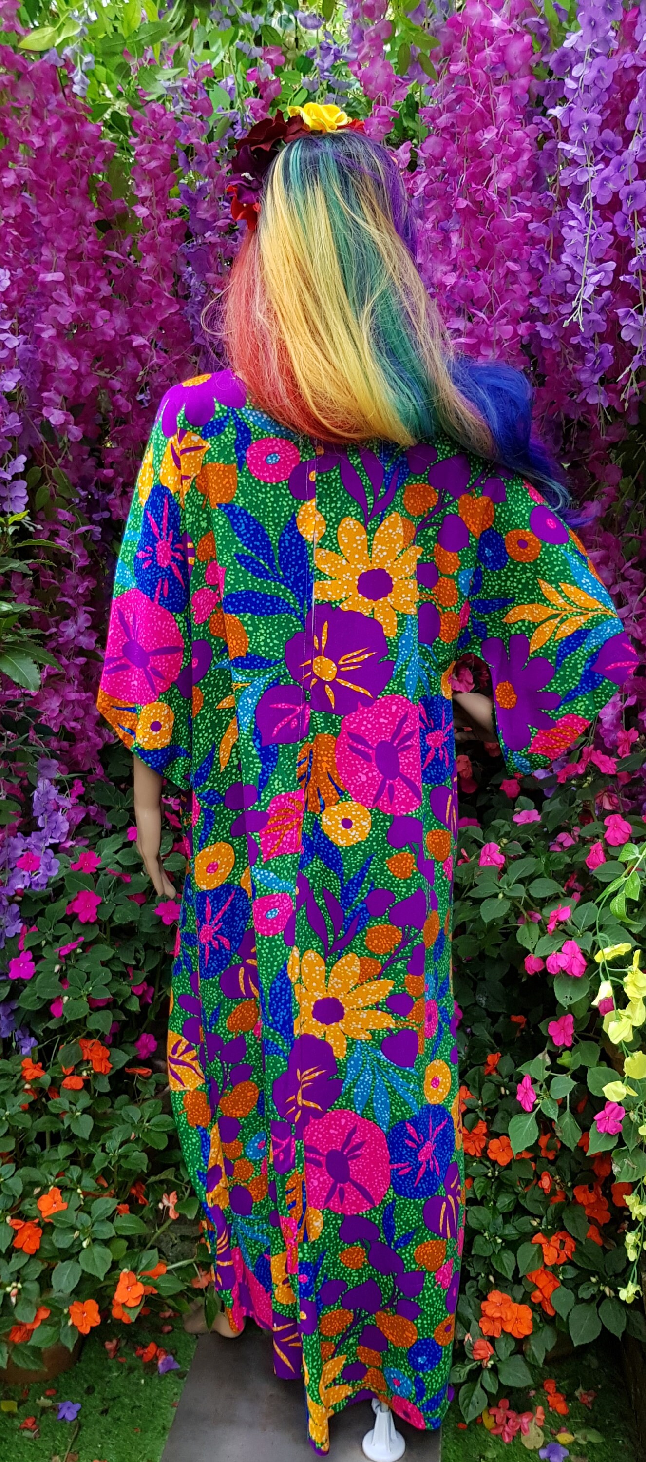 70s vintage インド綿ワンピース 花柄 紫 ガーゼ ビンテージ
