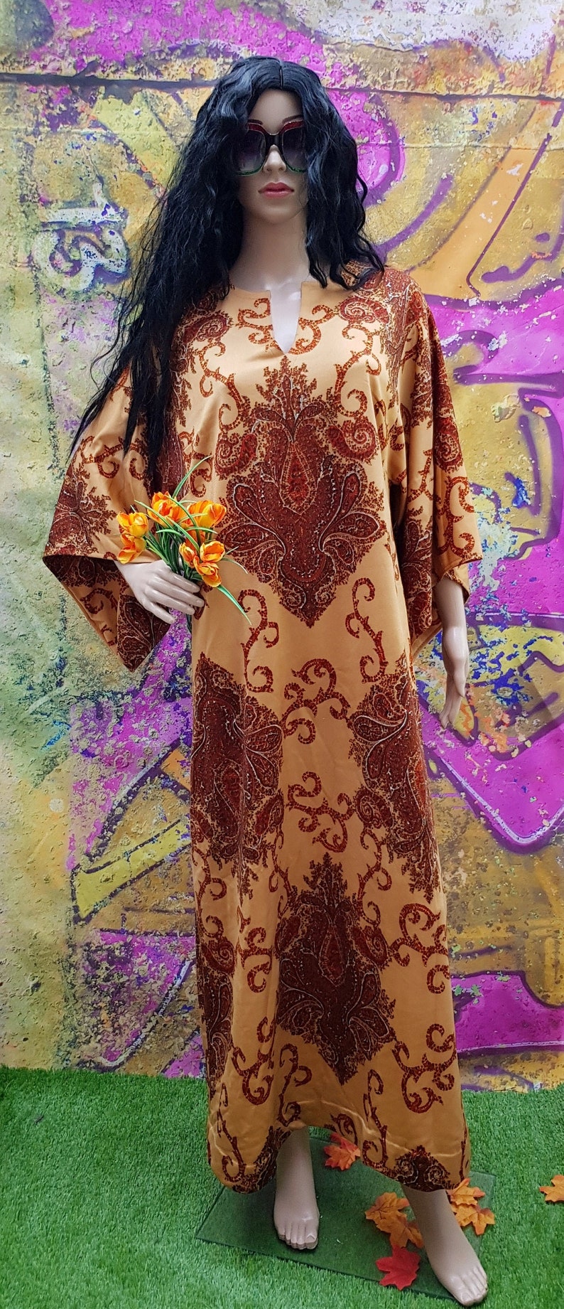 Vintage Kaftan: Fantastic 1960s / 1970s Cream Red Brown Paisley and Abstract Print Kaftan Maxi Dress with Flared Angel Sleeves By Arnel image 1