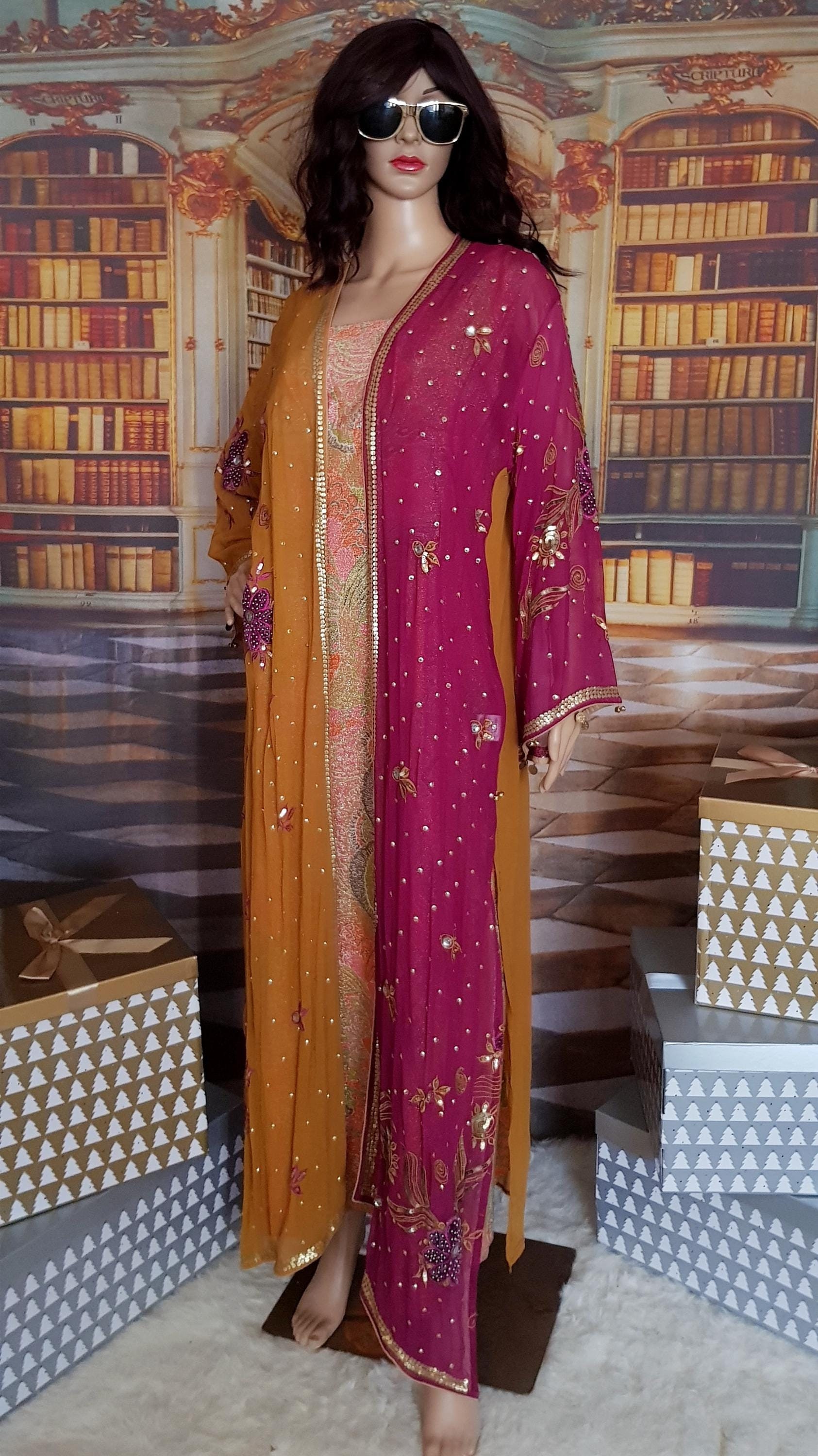 Beautiful Golden Saffron Yellow Burgundy Pink Sequin Beaded Chiffon Duster Coat / Open Kaftan Made from Upcycled Vintage Sari Textiles
