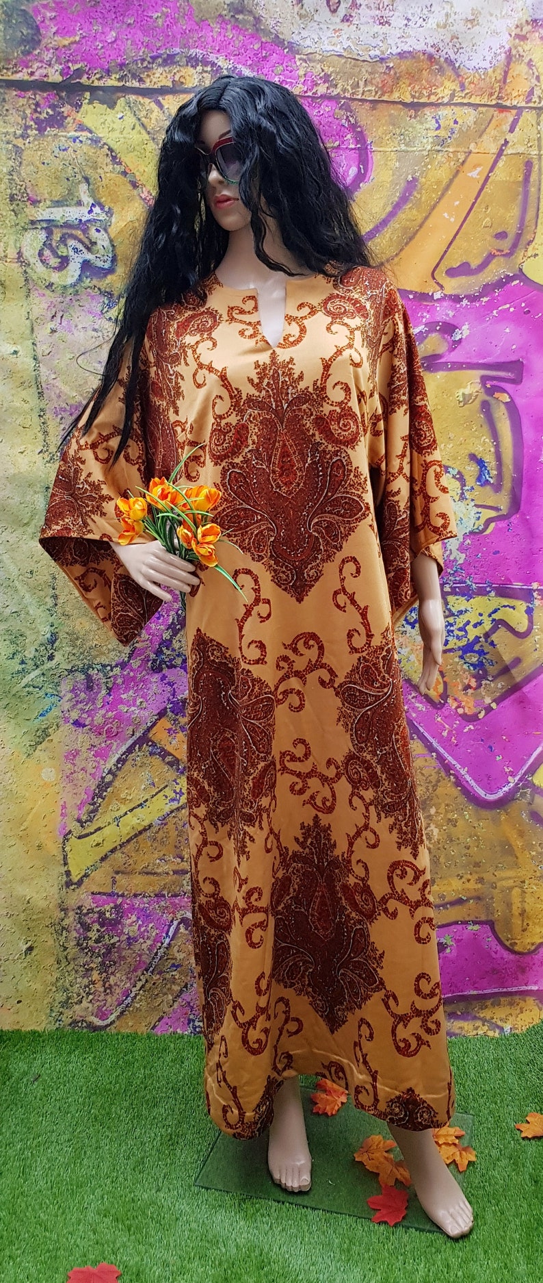 Vintage Kaftan: Fantastic 1960s / 1970s Cream Red Brown Paisley and Abstract Print Kaftan Maxi Dress with Flared Angel Sleeves By Arnel image 3