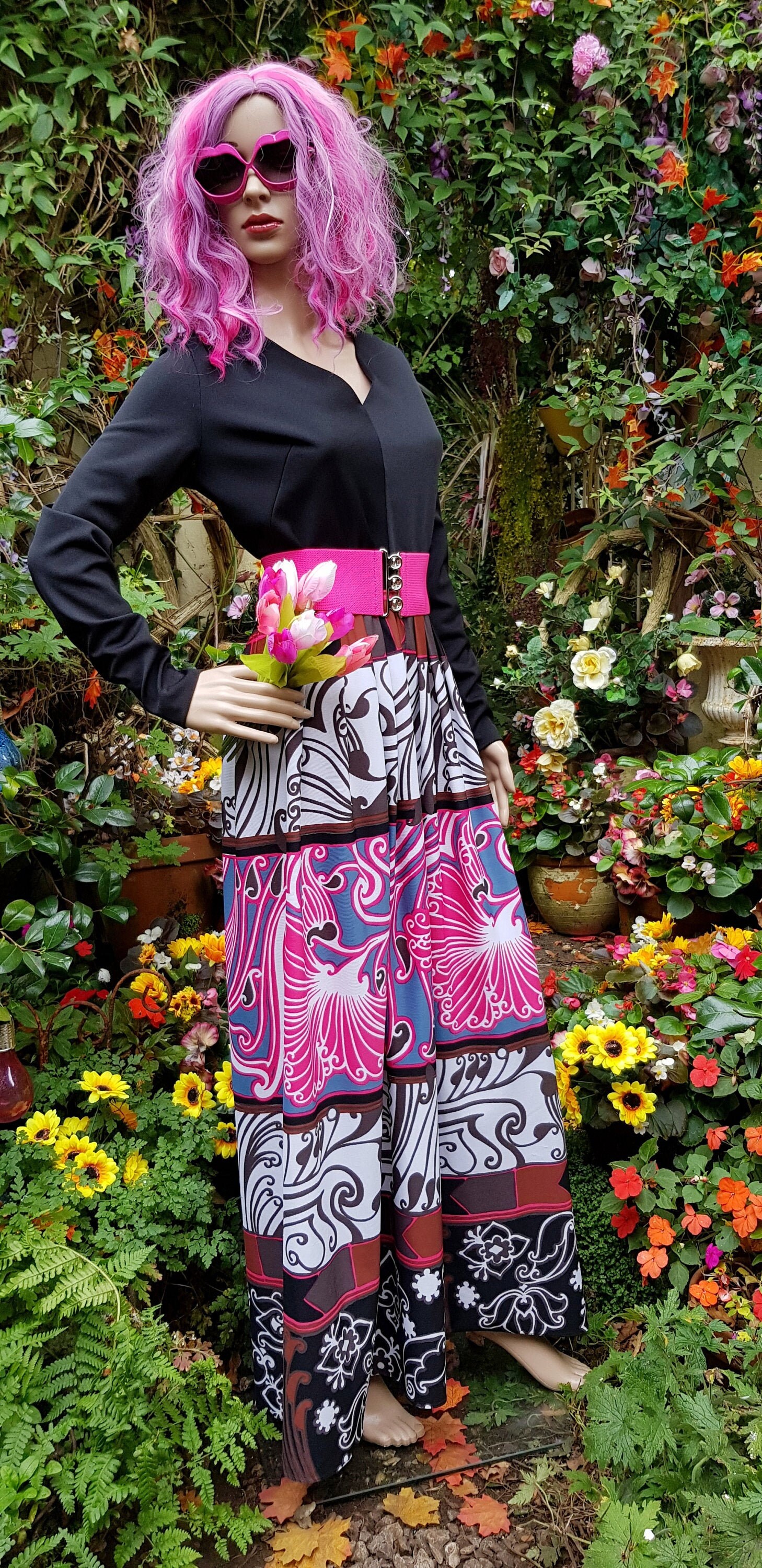 Image of Fabulous Vintage S Psychedelic Pink, Black, Grey & White Patterned Maxi Dress By Montigo Bay