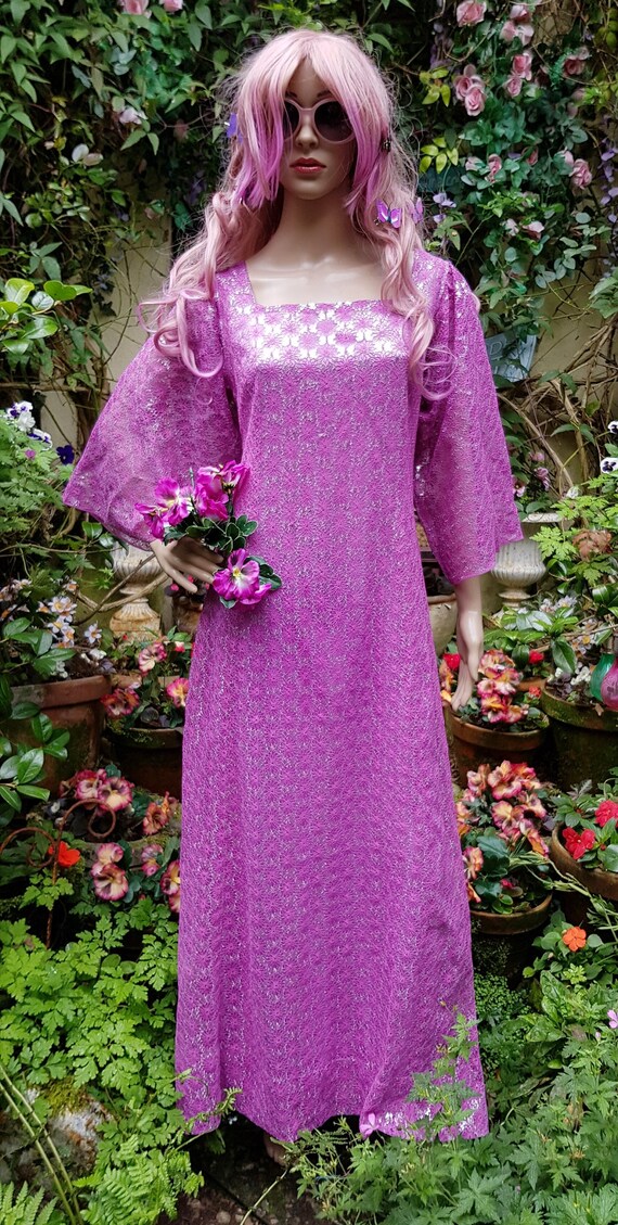 RESERVED UK 10/12 (US 6/8) Funky Vintage 1970s Silver Foil Lurex and Sugar Pink  Lace Sparkly Maxi Evening Dress - Etsy Israel