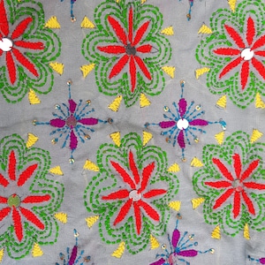 Vintage Shawl: Beautiful Vintage Grey, Red, Green, Yellow and Pink Floral Embroidered and Sequin Chiffon Indian Shawl