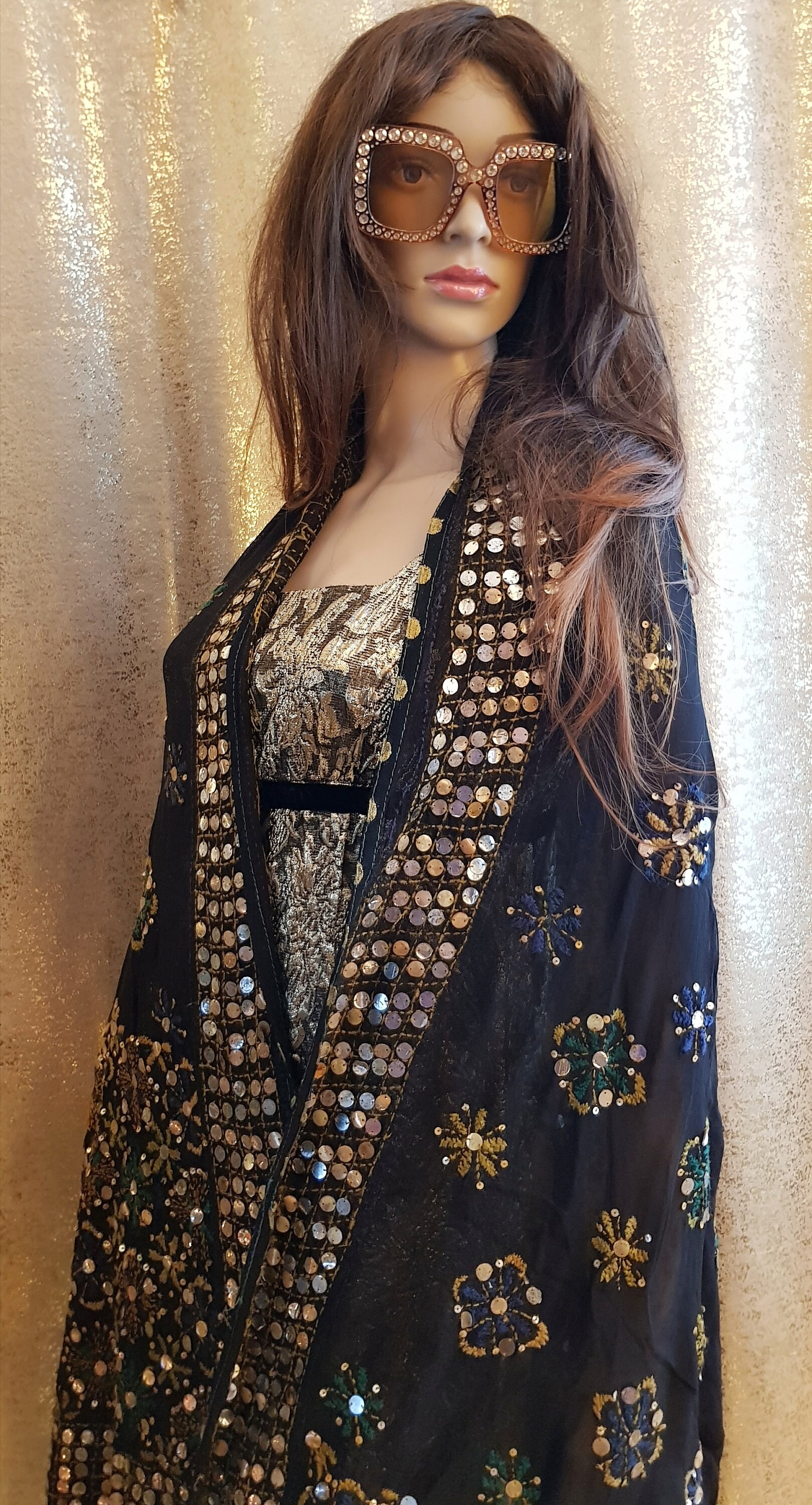 Vintage Shawl: Stunning Vintage Black Blue Green Bronze and Vintage Shawl: Stunning Vintage Black Blue Green Bronze and