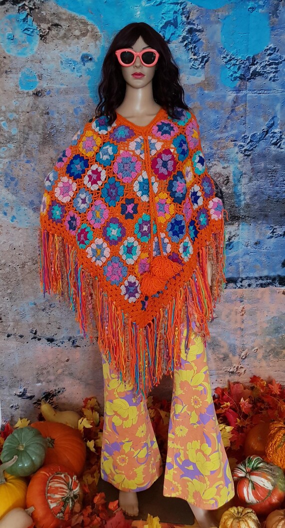 Vintage Poncho: Gorgeous Upcycled Vintage Orange Colourful Floral