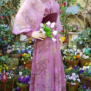 UK 8/10 US 4/6 Amazing Vintage 70's Quad Purple Iridescent Floral Organza and Velvet Maxi Dress with Balloon/Poet/Bishop Sleeves image 9