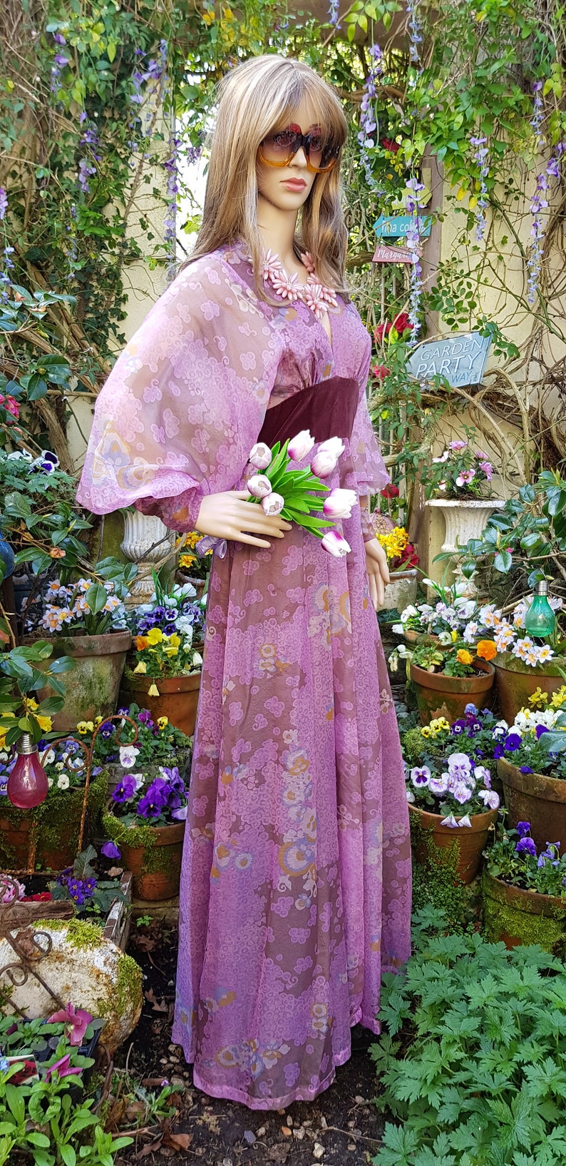 UK 8/10 US 4/6 Amazing Vintage 70's Quad Purple Iridescent Floral Organza and Velvet Maxi Dress with Balloon/Poet/Bishop Sleeves image 9