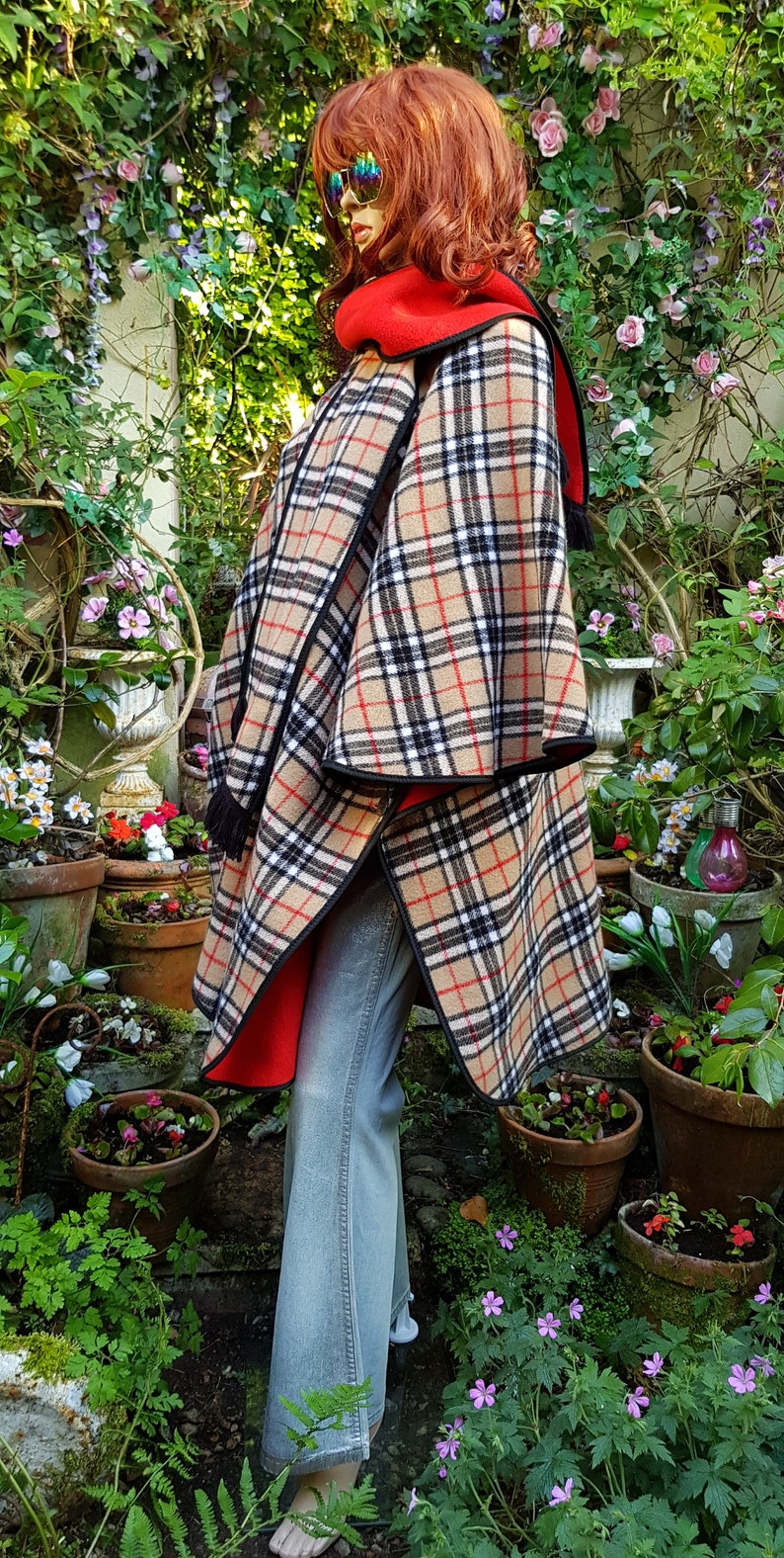 Vintage Cape: Gorgeous Vintage 1970s Brown Check Tartan Red Lined Reversible Poncho Cape Jacket image 7