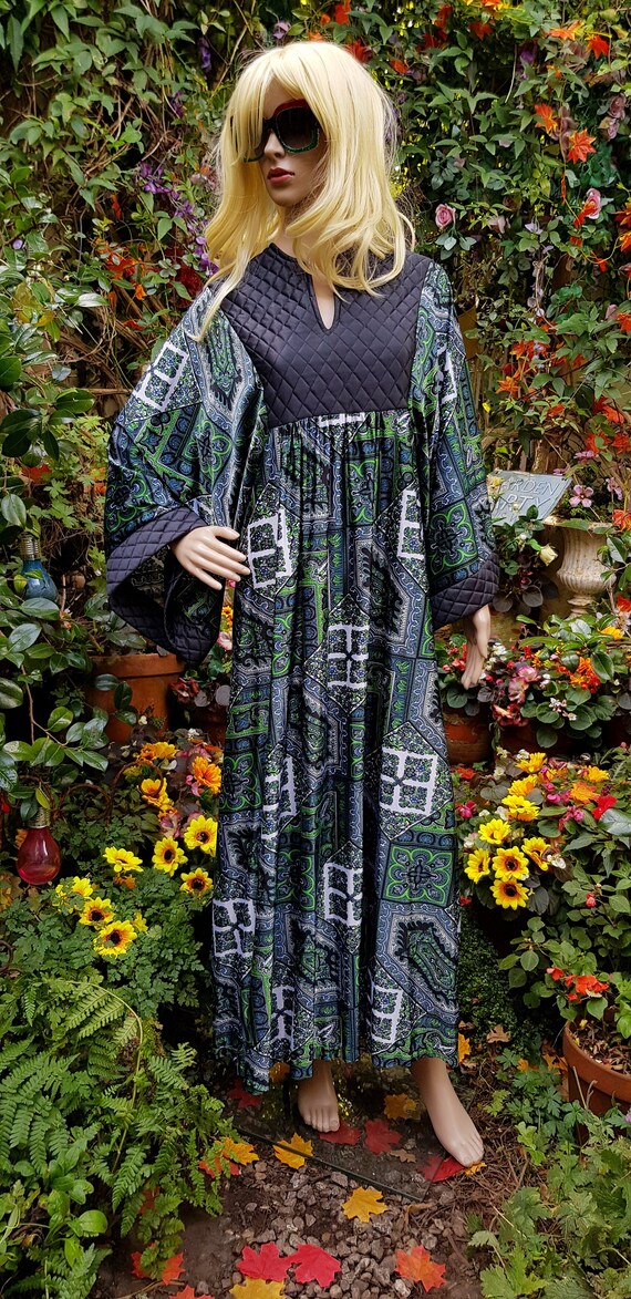 Vintage Kaftan: Amazing Vintage 1970s Green Black… - image 2