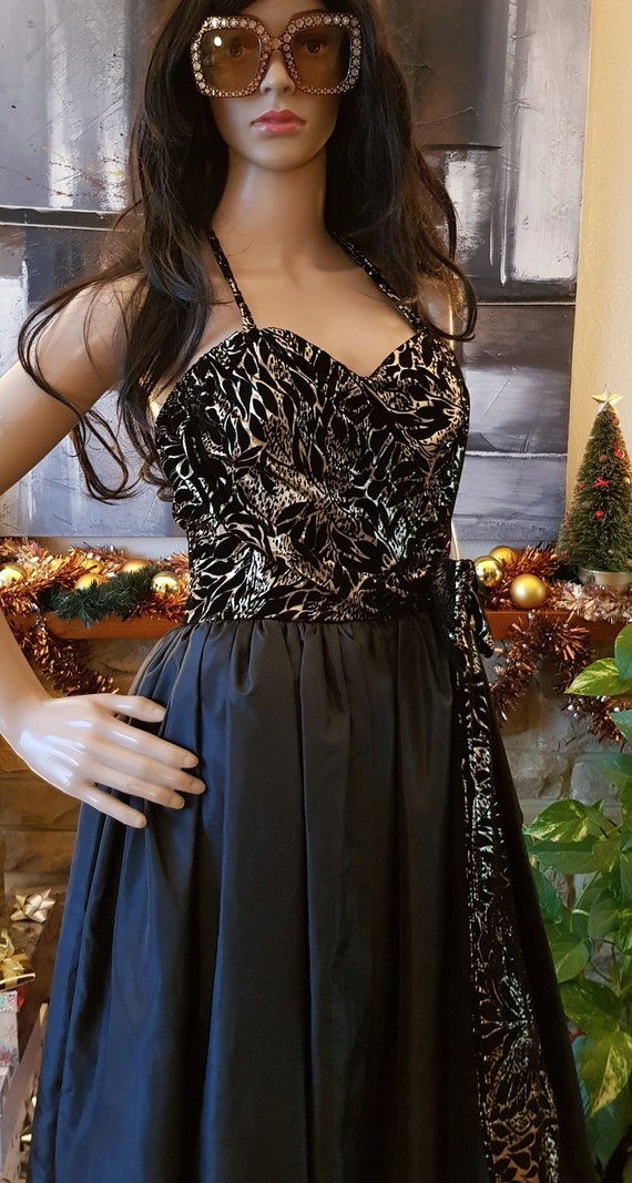 UK 10 US 6 Beautiful Vintage 1980 s Black Gold Taffeta and Flock Occasion Evening Dress Prom Dress by Ceremonia Etsy UK