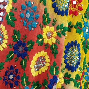 Vintage Shawl: Stunning Vintage 1970s Red and Yellow Ombre Heavily Hand Embroidered and Sequin Indian Chiffon Shawl