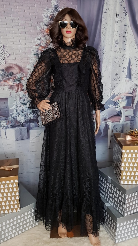 1970s black dress Vintage 70s Black Sheer Sleeve Gothic Party Dress
