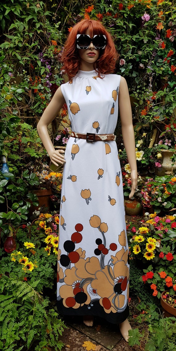 UK 12 14 US 8 10 Funky Vintage 1960s White and Brown Floral Flower