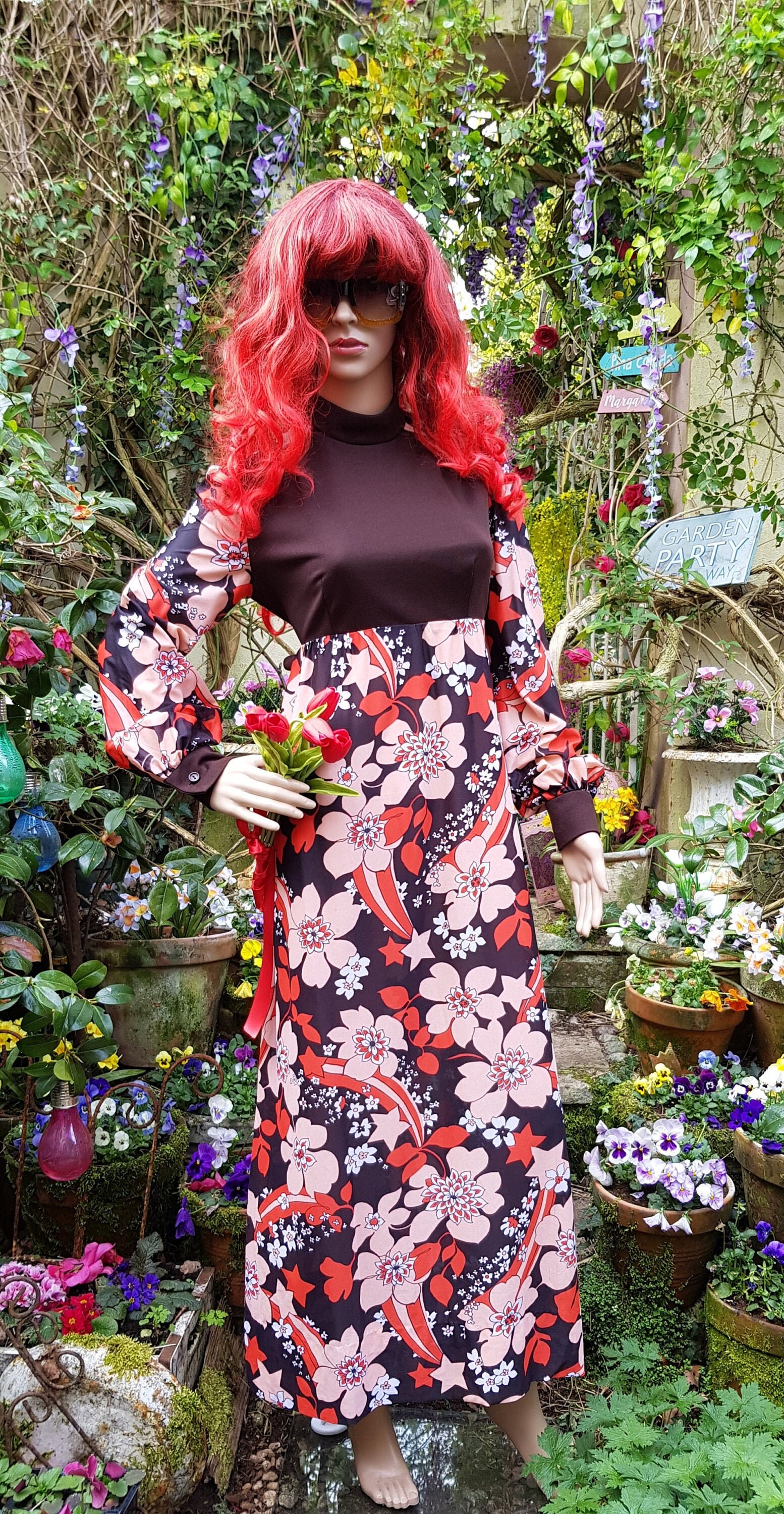 Image of Amazing Funky Vintage S/'s Brown & Orange Floral Flower Power High Neck Column Maxi Dress