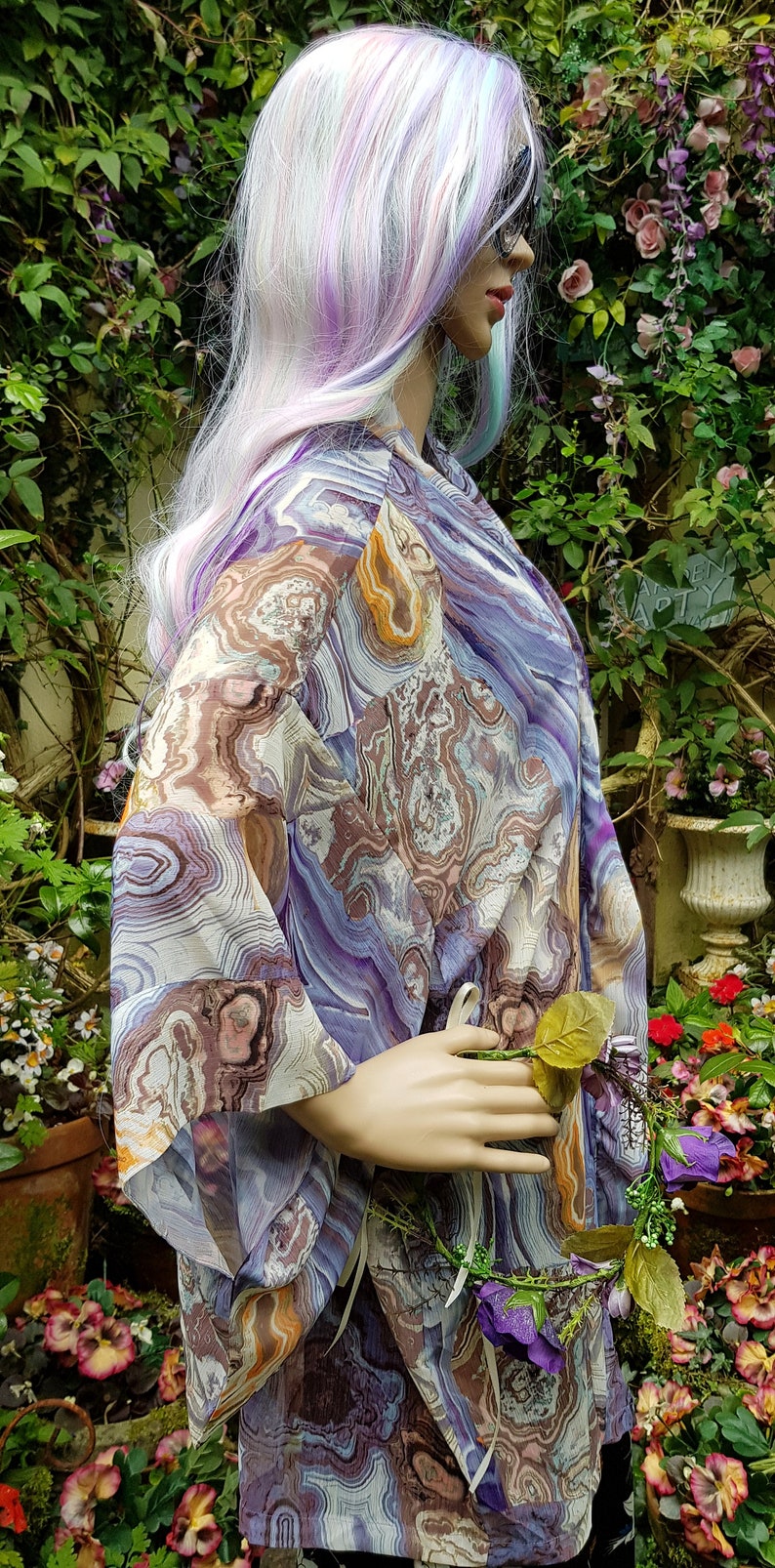 UK 10 US 6 Lovely Vintage Blue, Purple, Orange, Brown Sheer Chiffon Kimono Style Summer Jacket/Top image 8