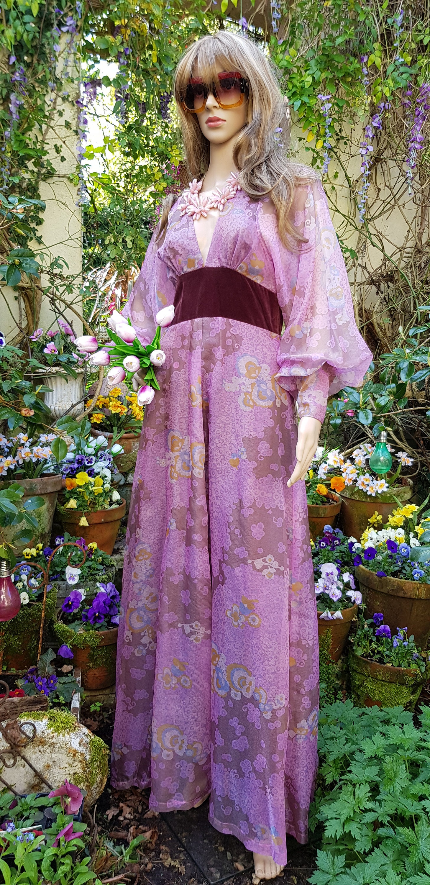 Image of Amazing Vintage 's Quad Purple Iridescent Floral Organza & Velvet Maxi Dress With Balloon/Poet/Bishop Sleeves