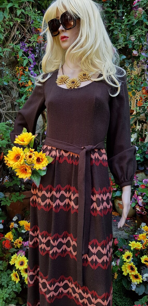 UK 10 (US 6) Gorgeous Cosy Vintage 1970s Brown and Orange Sweater Belted Maxi Dress by Montigo Bay View 3