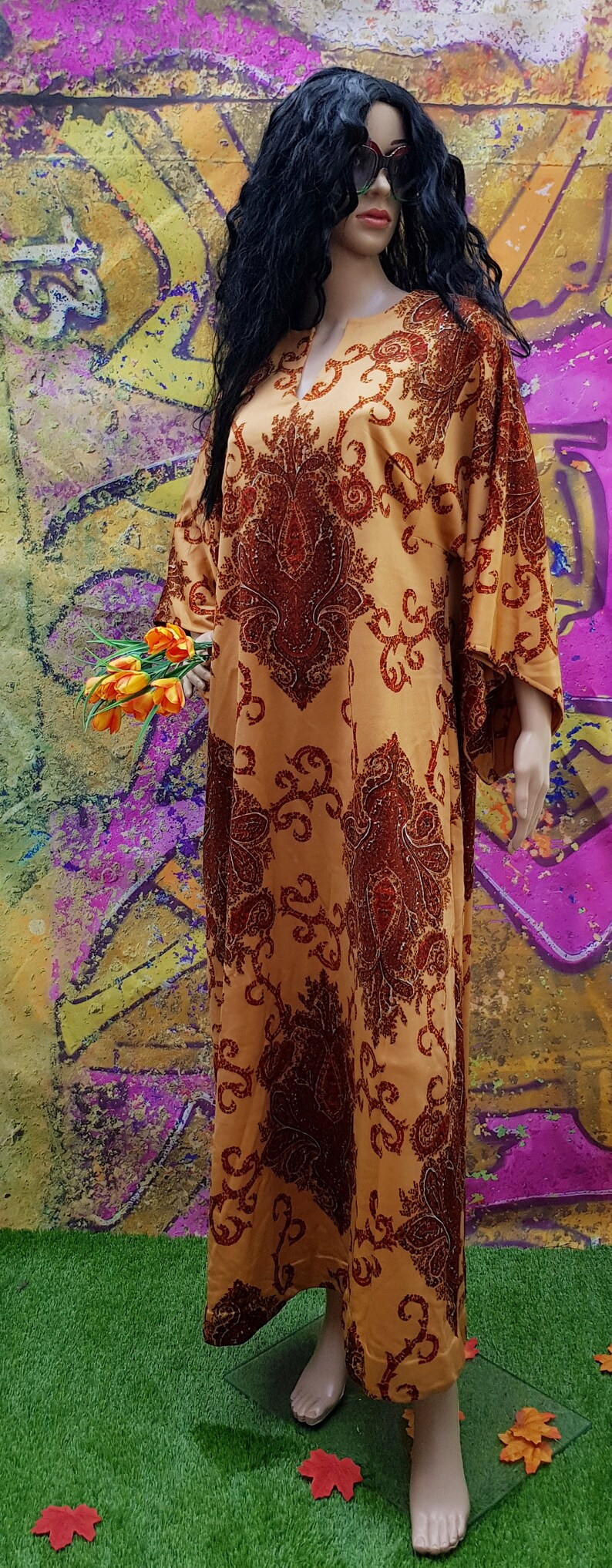 Vintage Kaftan: Fantastic 1960s / 1970s Cream Red Brown Paisley and Abstract Print Kaftan Maxi Dress with Flared Angel Sleeves By Arnel image 8