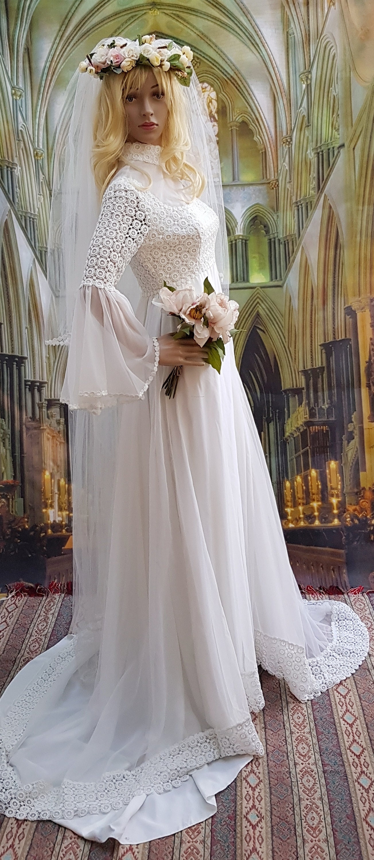 IN RESTORATION Gorgeous Vintage Early 1970s White Fine Net and Lace  Edwardian Style High Necked Wedding Dress With Flared Sleeves - Etsy