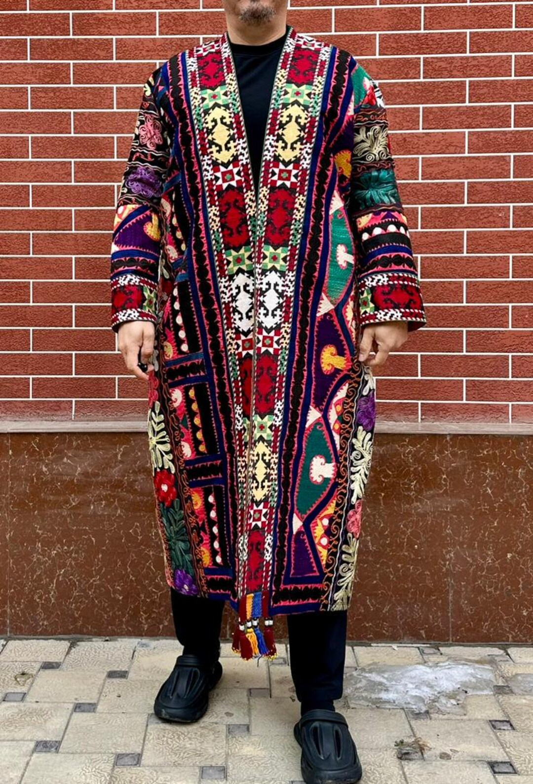 Vintage Coat: Amazing Vintage Black and Multicoloured Uzbek