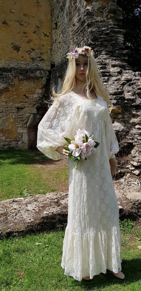 Stunning Vintage 1970s Cream Lace Maxi Dress / Weddin - Gem Stunning Vintage 1970s Cream Lace Maxi Dress / Weddin - Gem