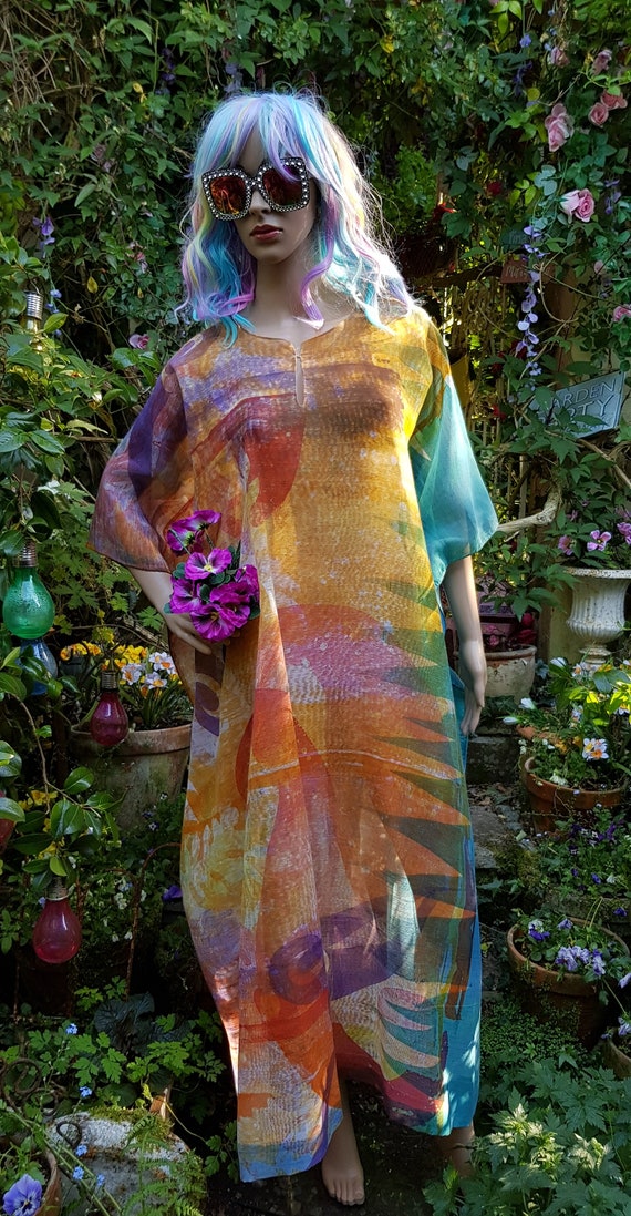 Stunning Vintage 1970s Hand Painted Blue, Yellow,