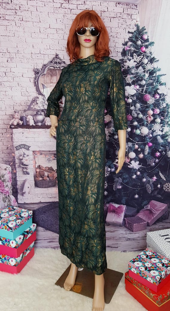 UK 6 (US 2) Lovely Vintage Late 1950s / Early 1960s Teal Green and Gold Lurex Wiggle Maxi Evening Dress Wrap Effect Skirt