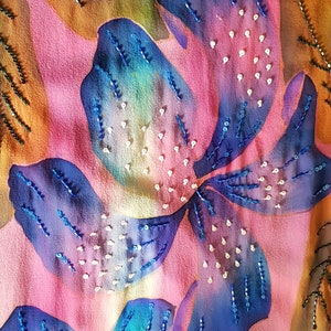 Vintage Scarf: Beautiful Vintage 1990s Blue Pink Floral Pattern Silk Chiffon Scarf Shawl with Sequins