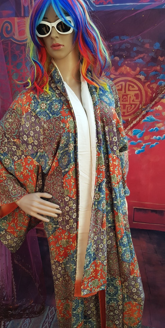 Vintage Kimono: Stunning Vintage 1970s Orange Blu… - image 7